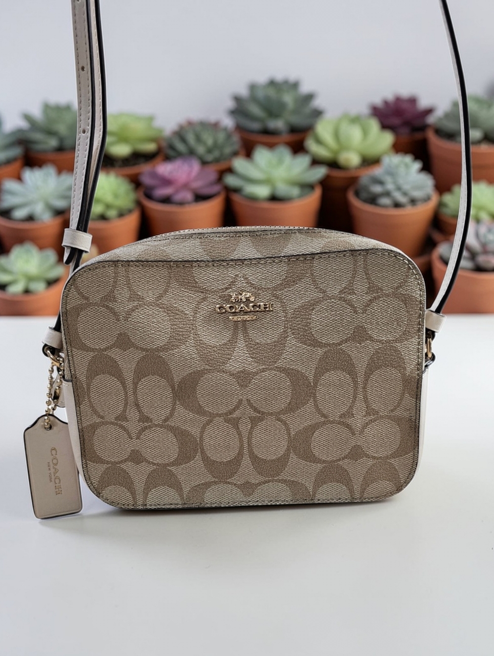 Coach Mini Camera Crossbody Bag Signature Canvas Light Khaki Chalk Gold EUC - Picture 2 of 8